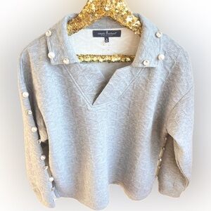 Simply Southern Quilted Pullover Top Gray Pearl Rhinestone Button Detail